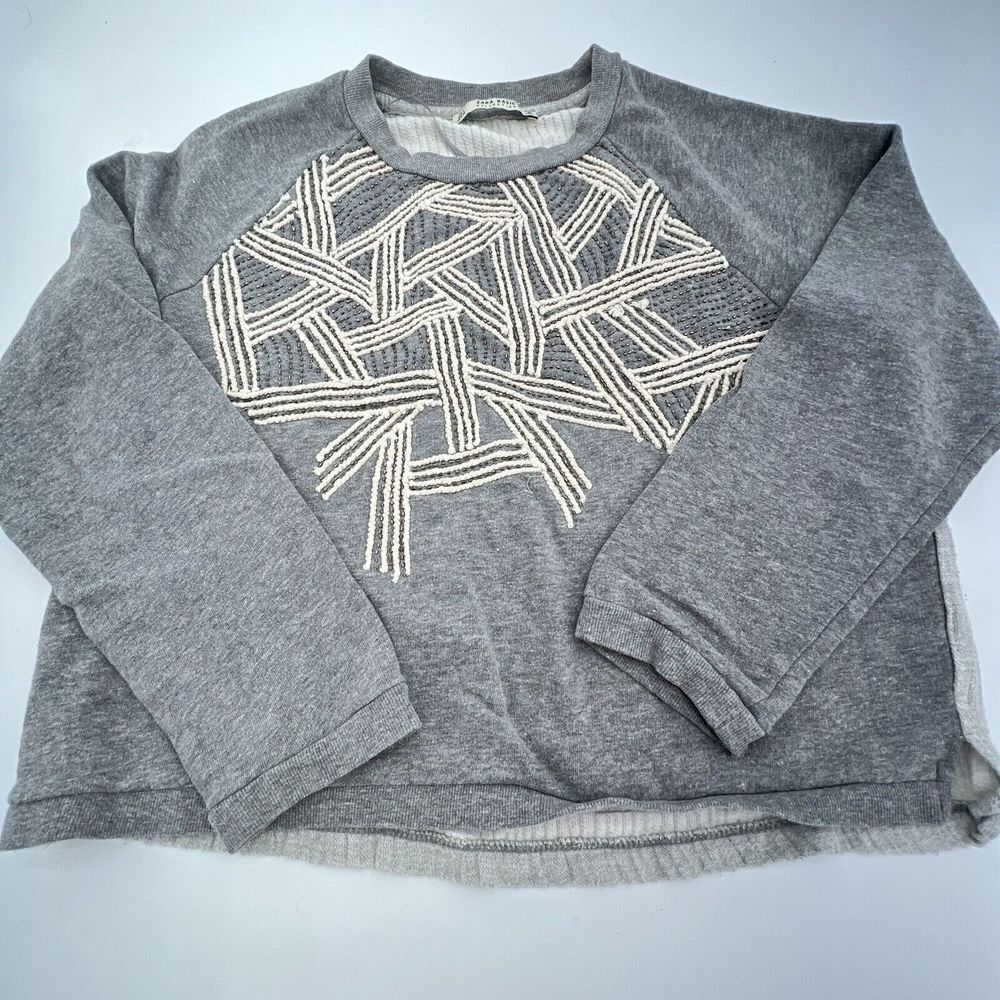 Zara Gray Sweater Zig Zag Embroidery Beading Size L